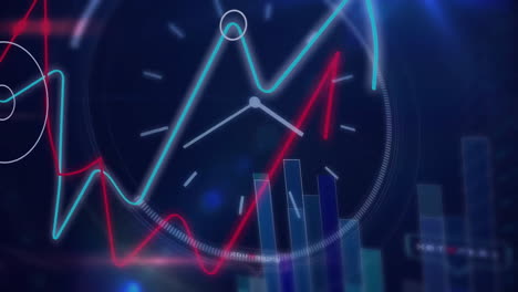 Animation-of-diagrams-and-clock-moving-over-world-map-and-data-processing