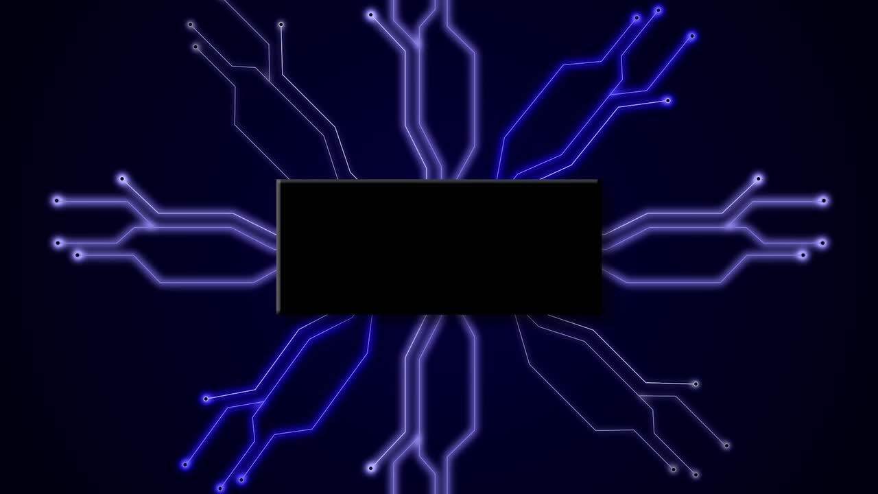tabla de circuitos tecnología digital futurista animación 3d comunicación en fondo oscuro red electrónica de neón cpu intro títulos cibernéticos computación color azul
