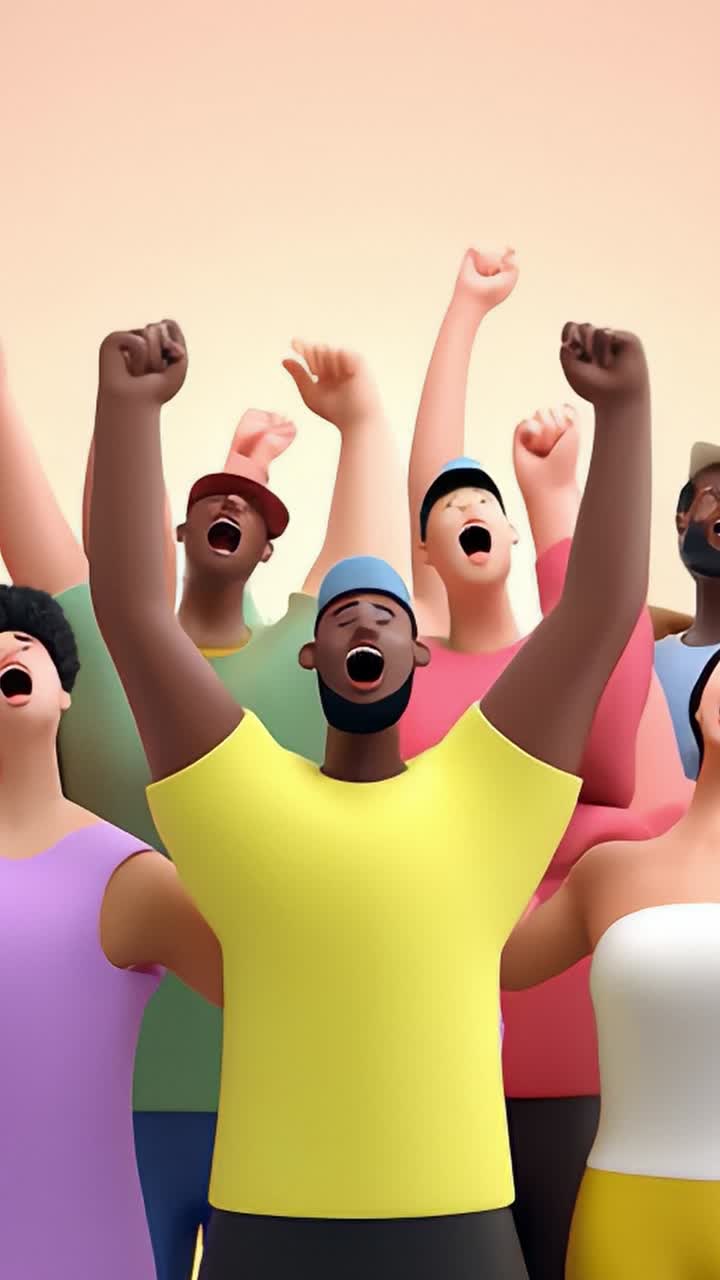 A Diverse Group of Animated Characters Cheering Enthusiastically with Raised Arms and Vibrant Colors Against a Soft Background in Two Frames