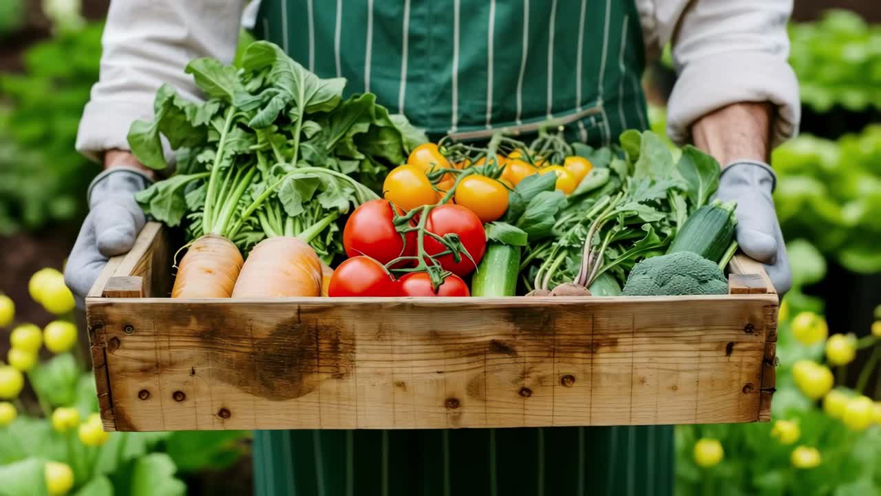 Close-up video angle of a farmer holding a wooden crate filled with fresh vegetables