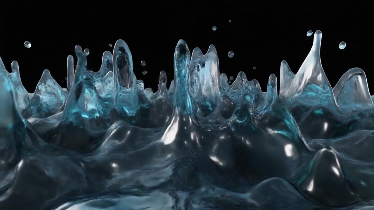 Superficie d'acqua liquida astratta con punte che emergono e goccioline