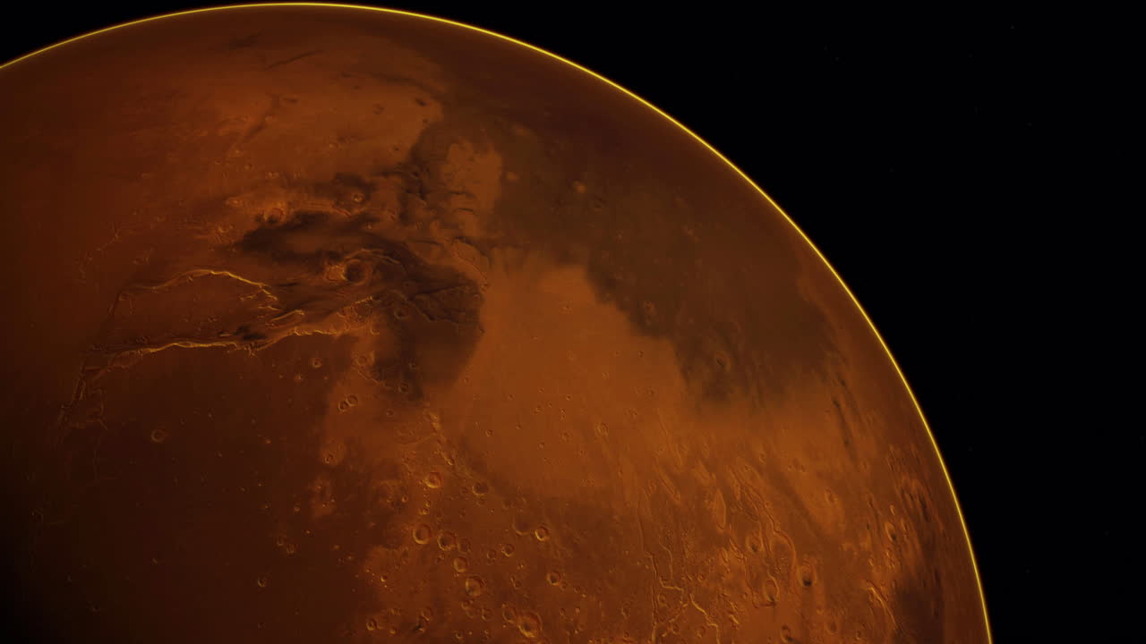 View of mars showing its reddish surface and atmospheric features