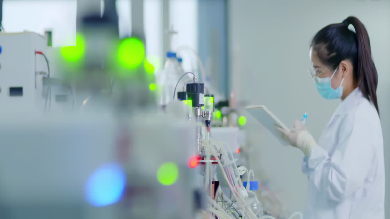 Young female scientist wearing lab coat, safety gloves, taking notes on a clipboard while working at biological cabinet, modern laboratory cleanroom environmental facility setting.