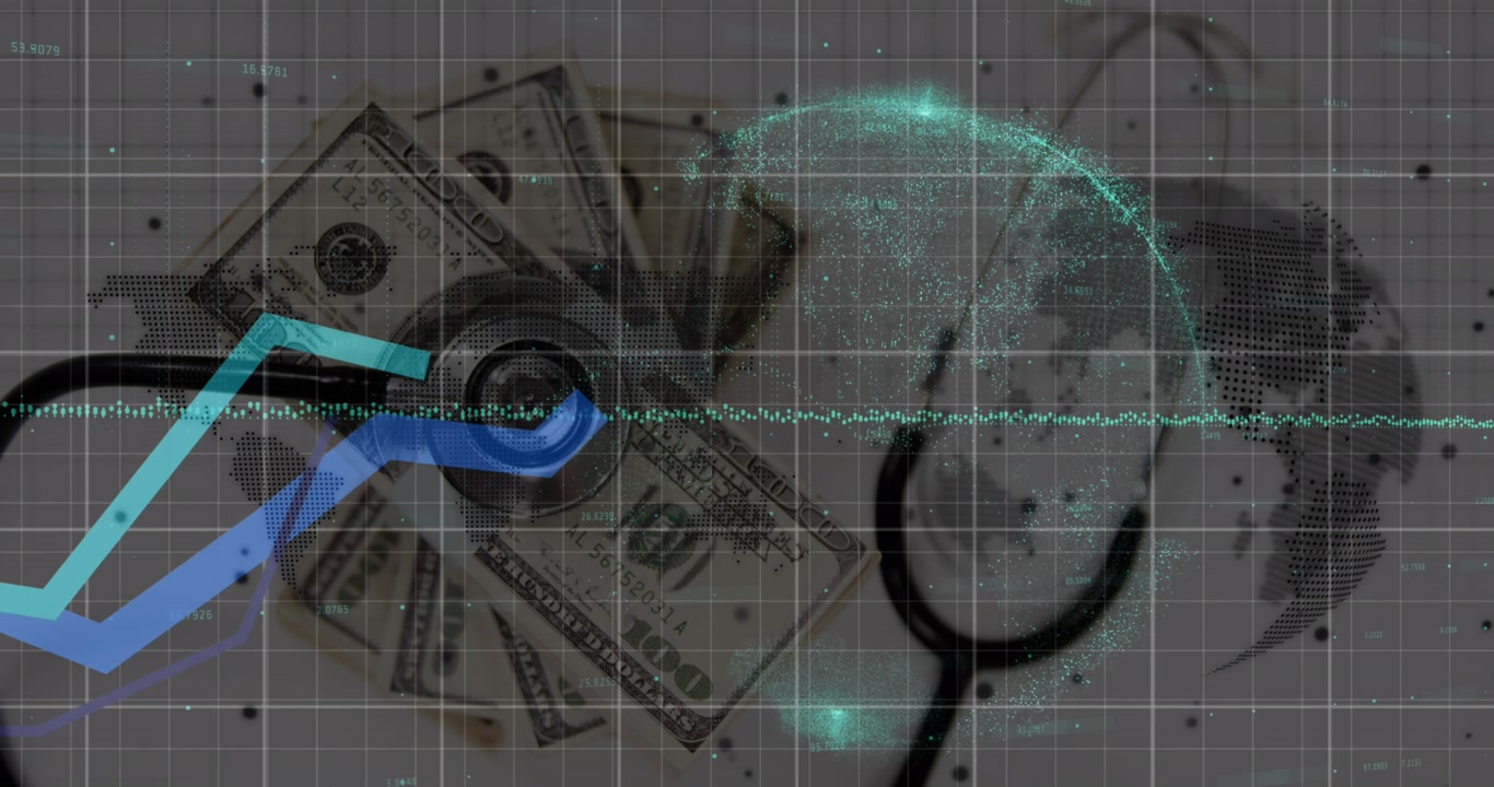 Animation of banknotes and globe over data processing