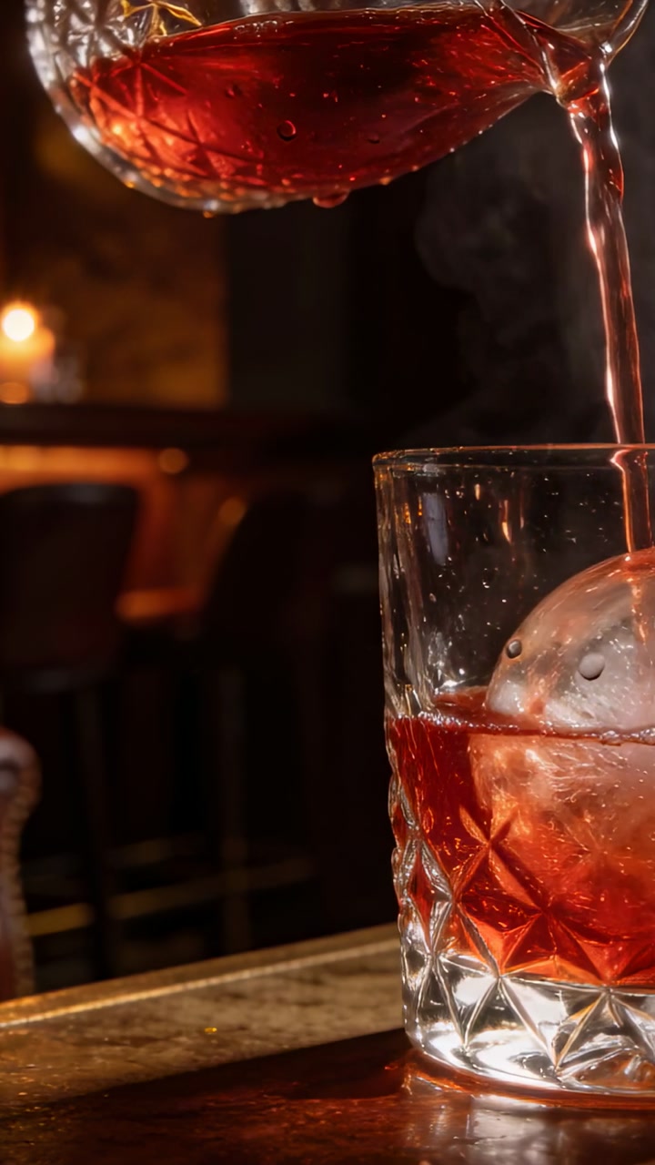 Vertical video: Pouring hand tilting beaker over bar, filling glass around ice to serve, copy space