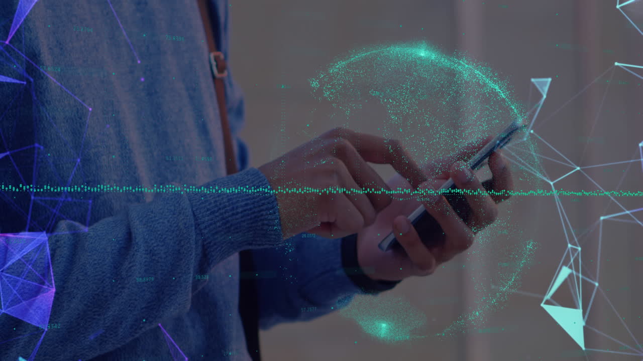 animación de una red de iconos digitales sobre el hombre utilizando un teléfono inteligente