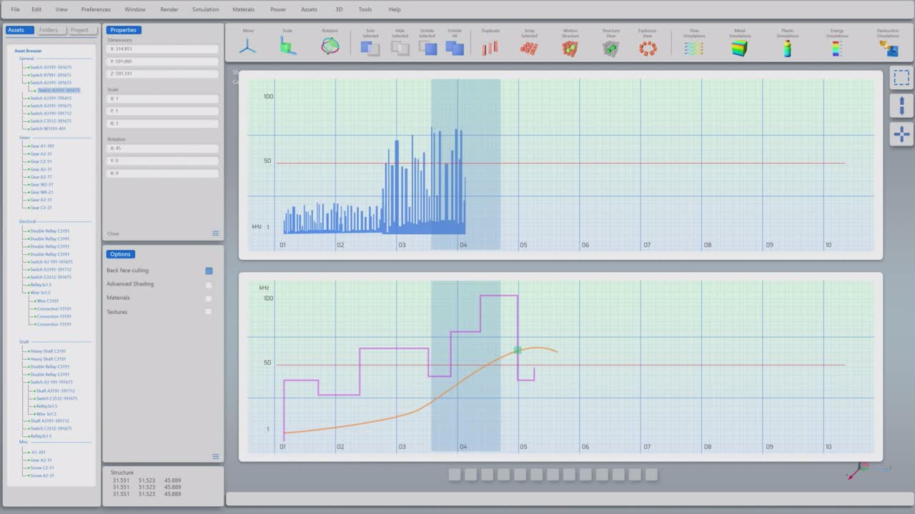 Technical Monitoring Diagram with Graphs and Analytical Industrial Infographics. Grey Interface with Blue, Purple and Orange Charts. Mock-up VFX Template for Computer Displays in a Control Room.
