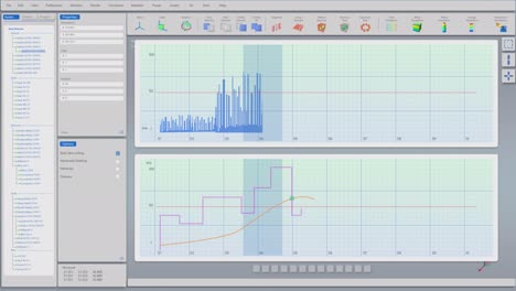 diagrama de monitoreo técnico con gráficos e infografías industriales analíticas. interfaz gris con gráficos azules, púrpuras y naranjas. plantilla vfx de maqueta para pantallas de computadora en una sala de control.