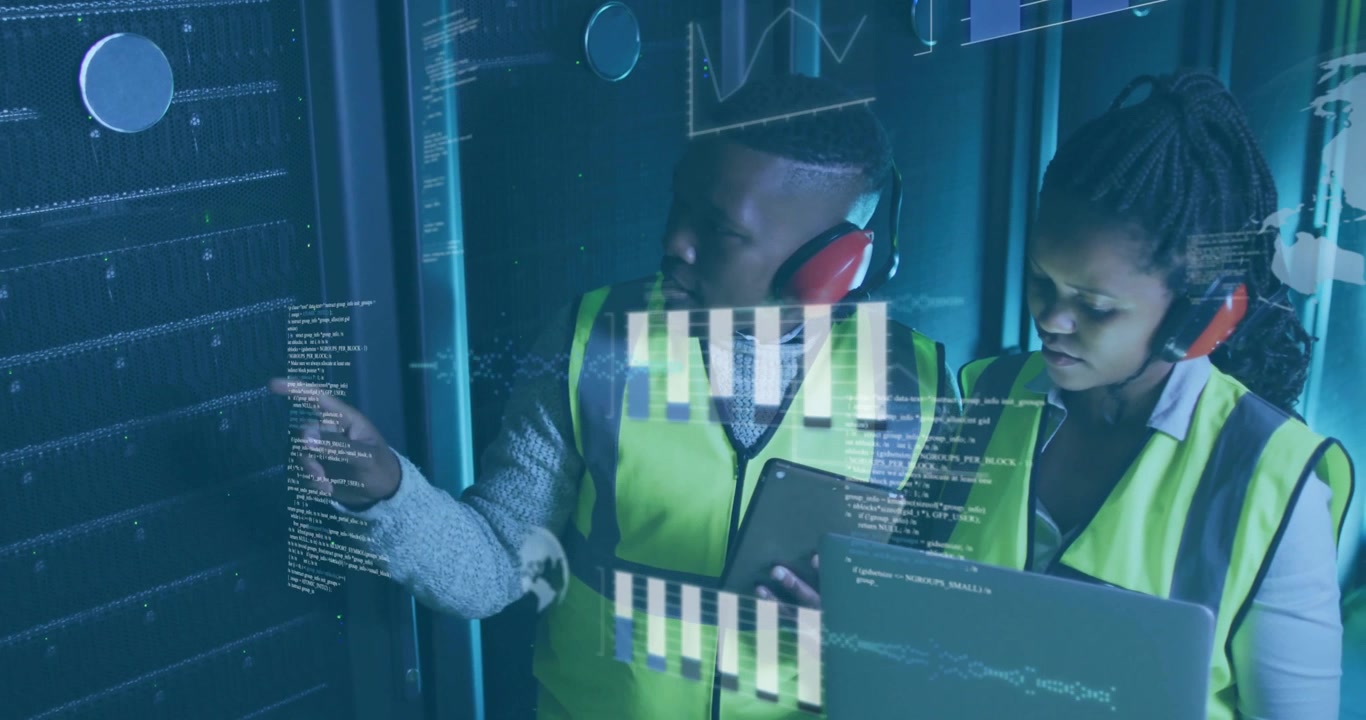 Tech engineers pointing servers and checking laptop while charts and code activating monitoring