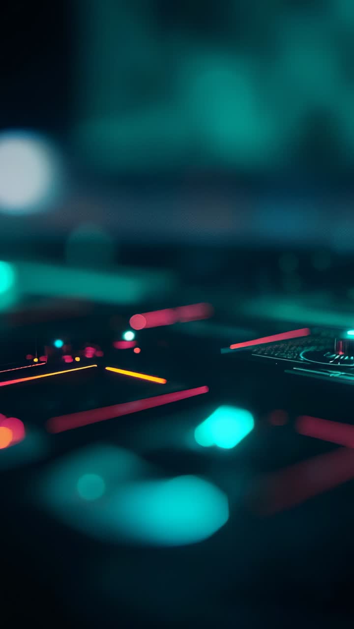 Vertical video: DJ controller receiving shifting LED patterns in booth, pulsing pads guiding focus