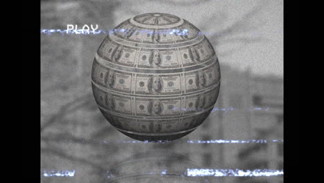 animation of play digital interface on screen with glitch, globe formed with american dollar bills