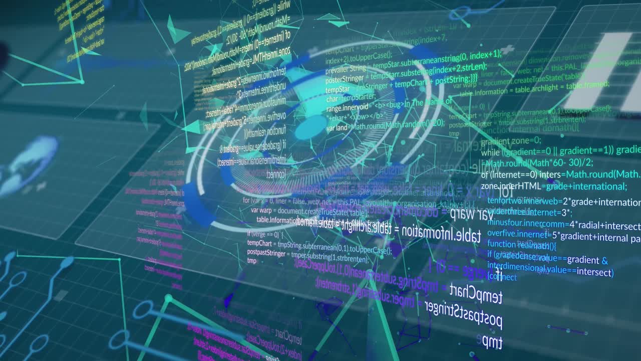 Animation of digital interface screens with circle, dots connecting with lines and programming data