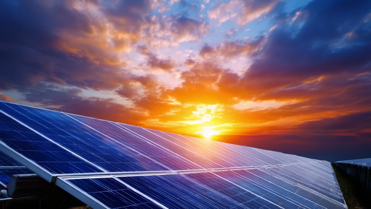 Captivating Sunset Illuminating Solar Panels with Vibrant Clouds, Showcasing Renewable Energy's Role in Sustainable Future and Nature's Beauty at Dusk