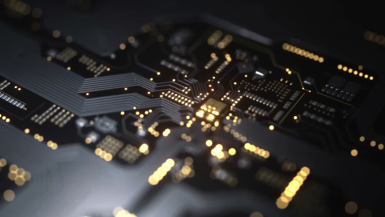 Shifting camera focus moving macro PCB section in studio, highlighting gold pads and traces