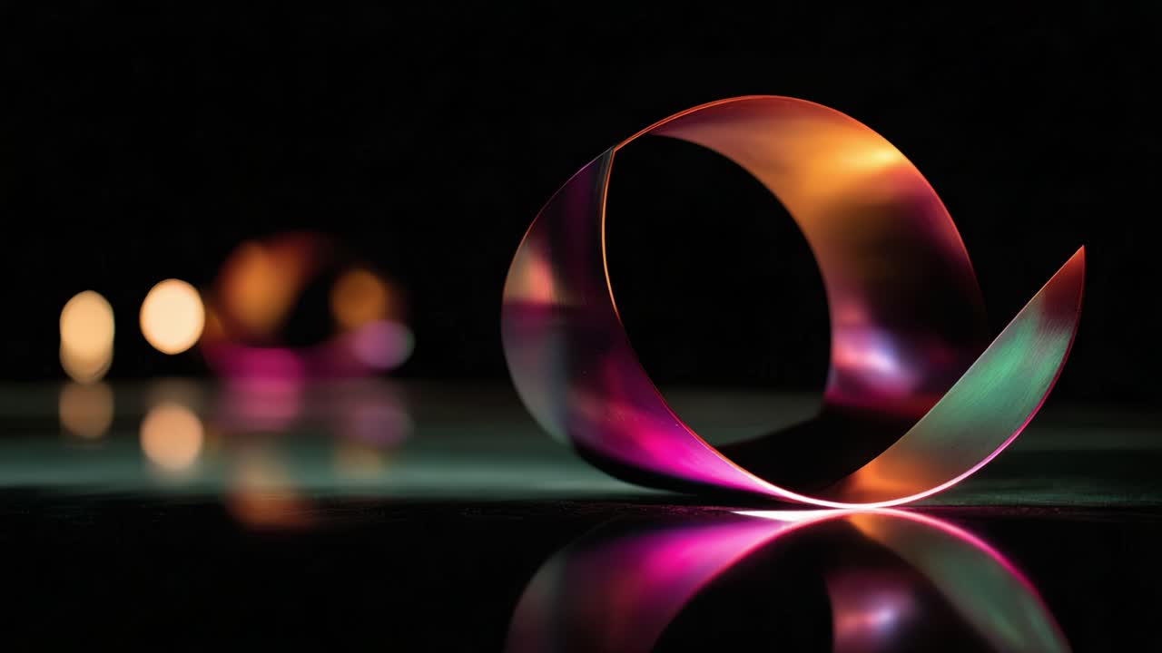 Una straordinaria rappresentazione di formazioni a spirale astratte e colorate che riflettono la luce, con un mix di tonalità calde e fredde in un'atmosfera scura.