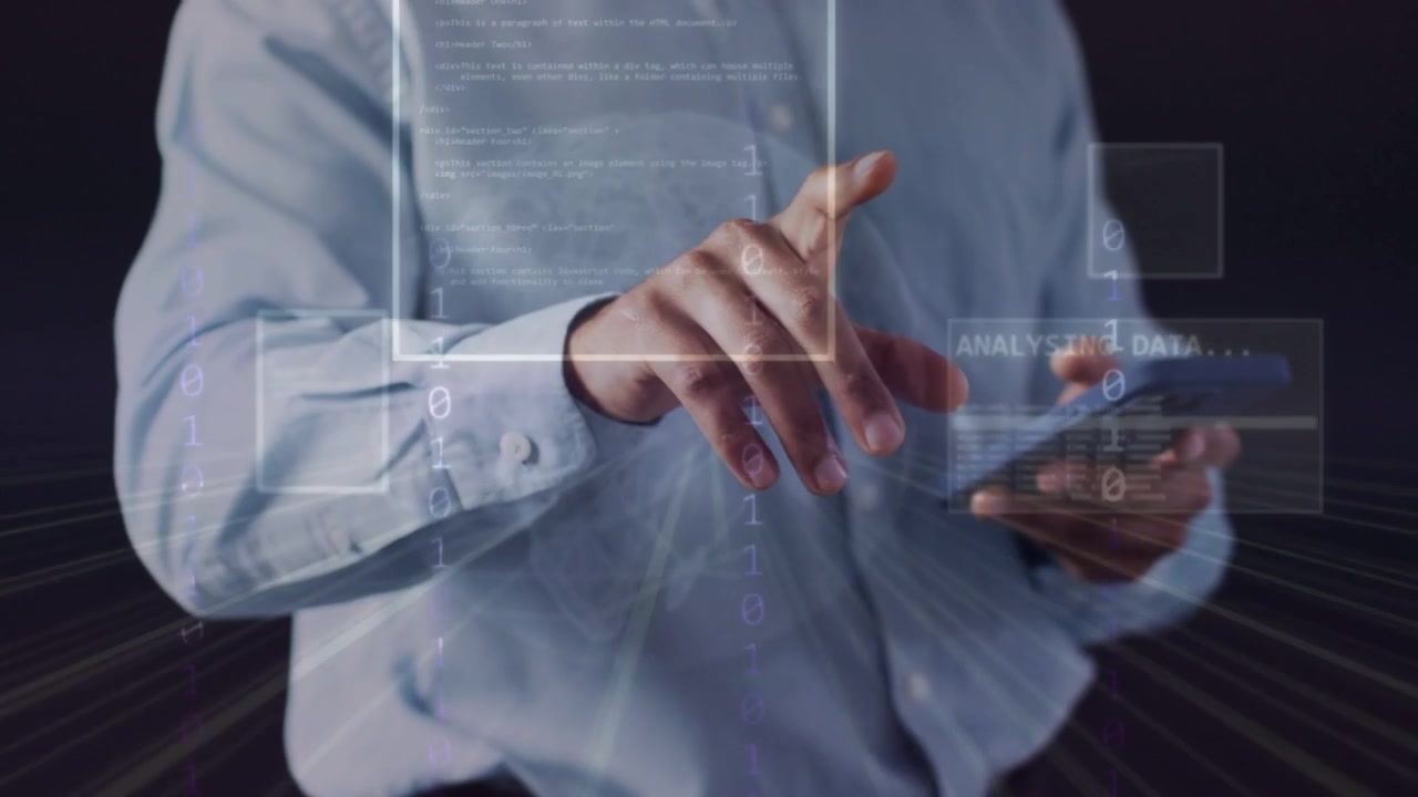 Man holding smartphone tapping, pointing finger at holo HUD selection collecting analytics