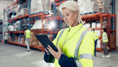 woman, tablet and thinking of warehouse