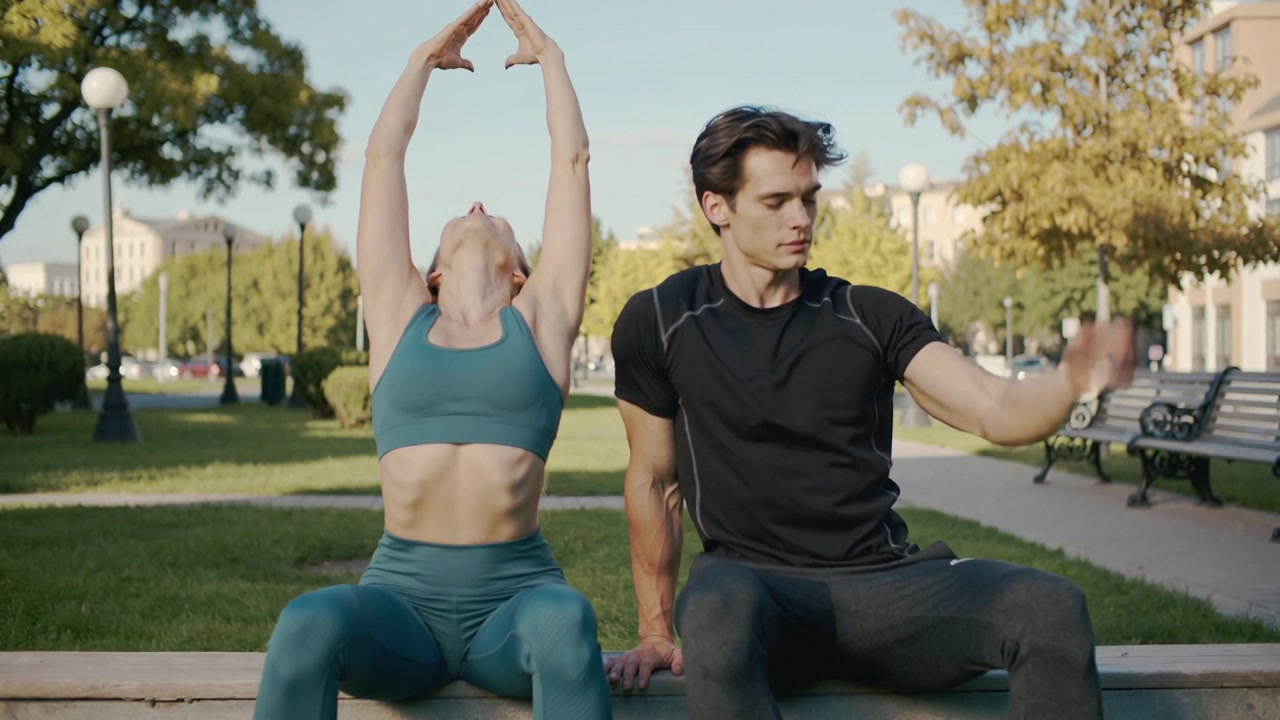 Starting warmup stone wall park, teal woman stretching arms overhead while black man reaching foot