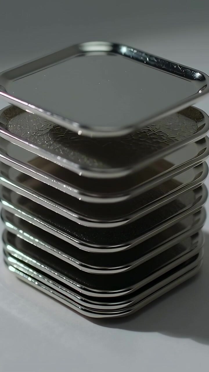 Vertical video: Aligning metal plates with chrome edges on grey table after small gap