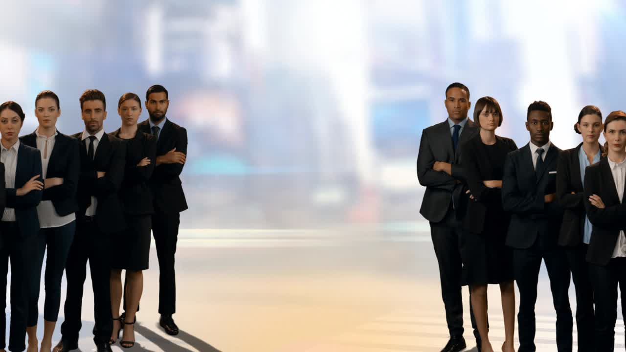 두 그룹의 사업가들의 애니메이션이 초점을 맞추지 않은 도시 풍경