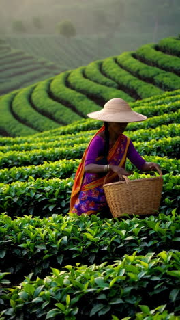 woman tea picker in a lush green tea plantation
