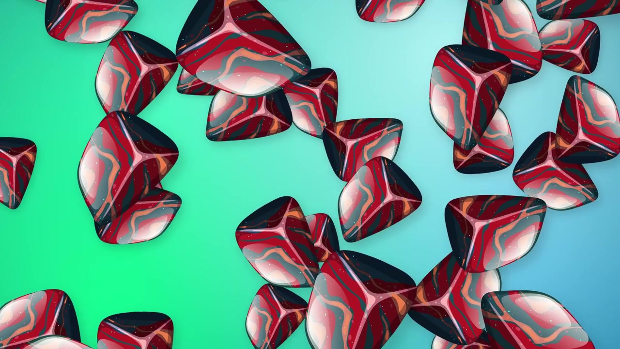 Forme 3D marmorizzate rosse cadono continuamente su uno sfondo sfumato luminoso color verde acqua e blu.
