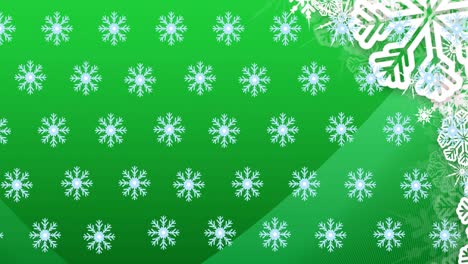 Animation-of-snowflakes-falling-on-green-background