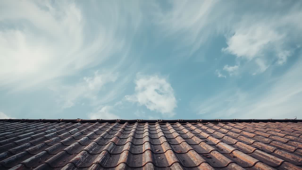 Recording stationary clay tile roof on rooftop, capturing cirrus clouds drifting into wave patterns