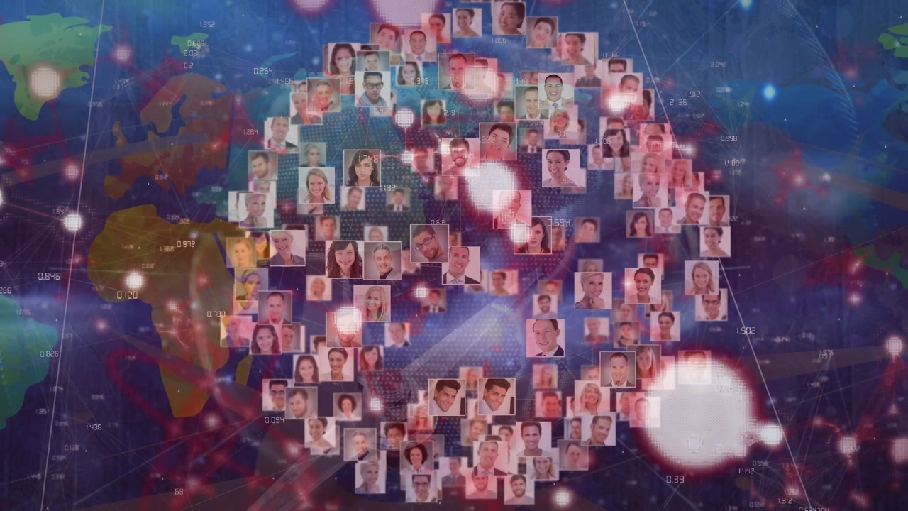Animation of multiracial profiles, connecting dots against globe with world map on digital interface