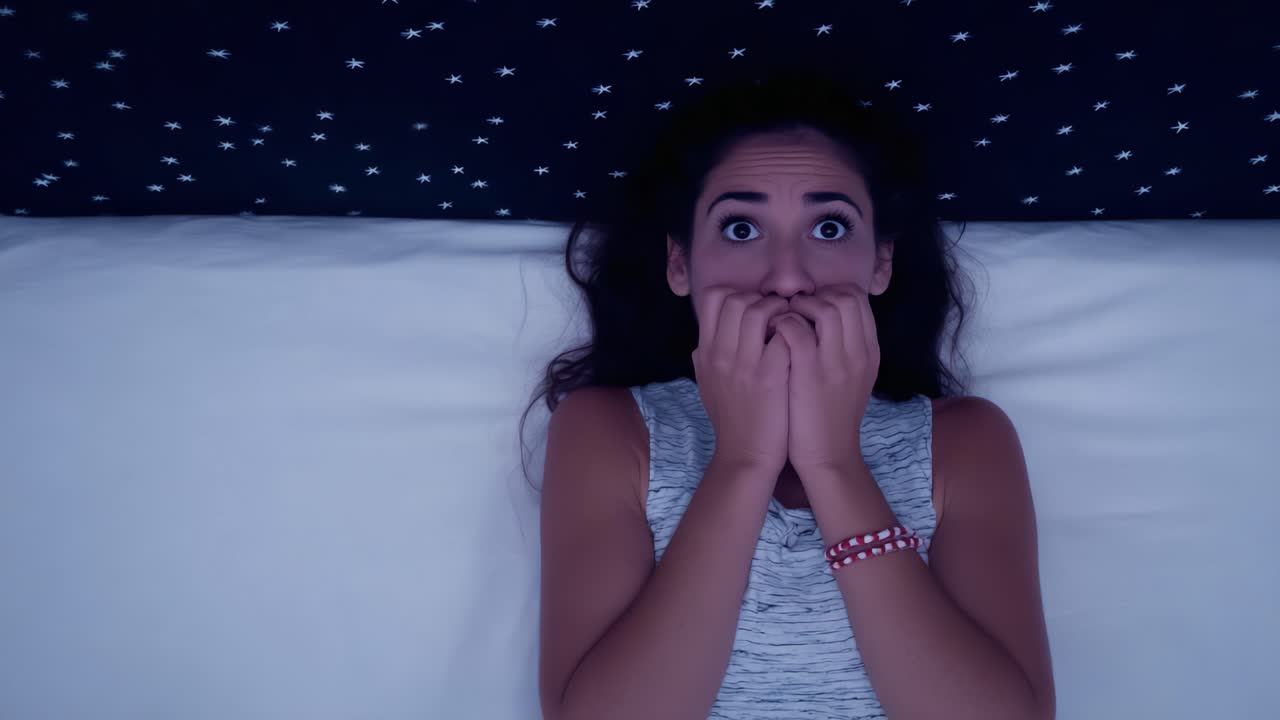 A Young Woman Expresses Fear and Anxiety While Lying in Bed, Gazing at an Enigmatic Starry Ceiling Above Her, Capturing a Moment of Distress and Uncertainty