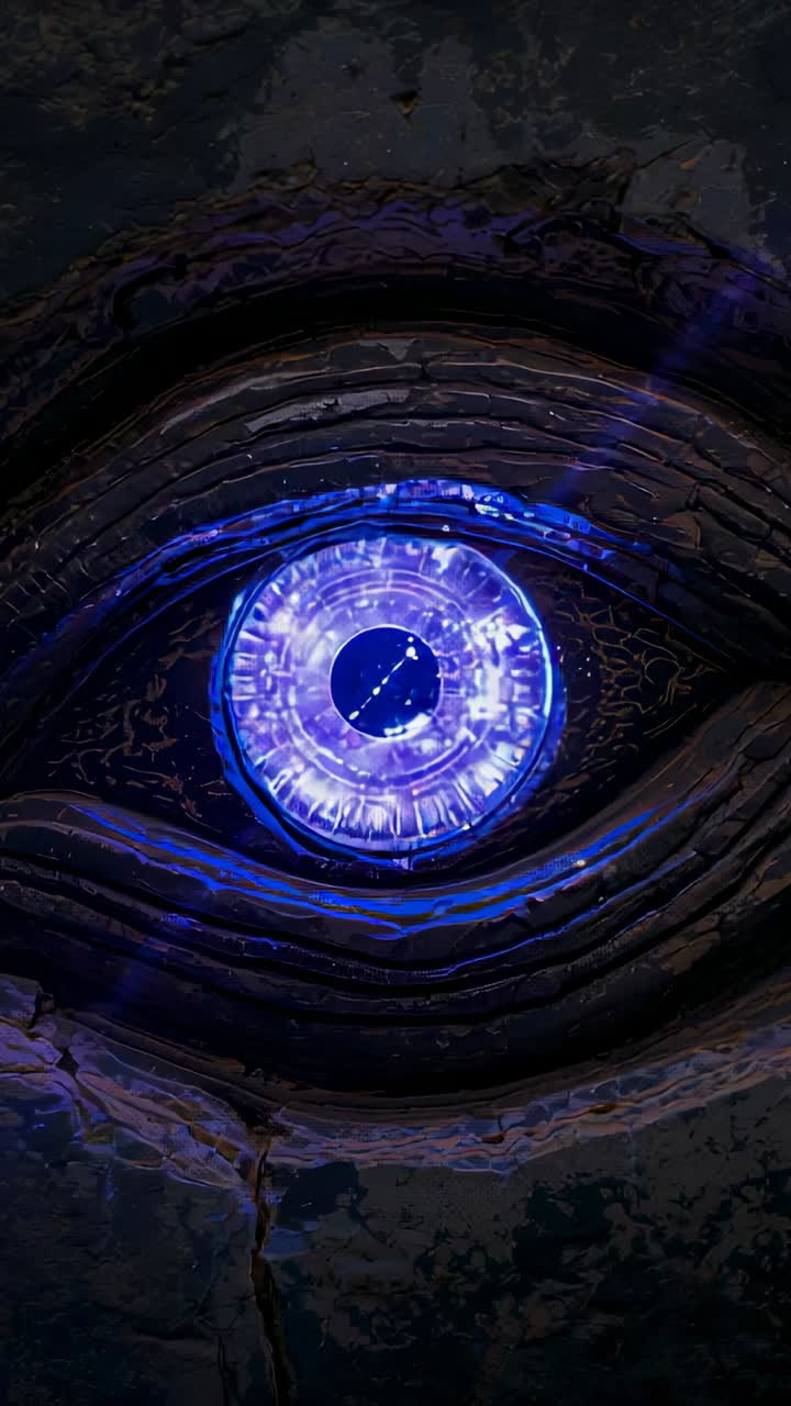 Vertical video: Glowing blue mechanical iris pulsing while wooden eyelids cycling on bark surface