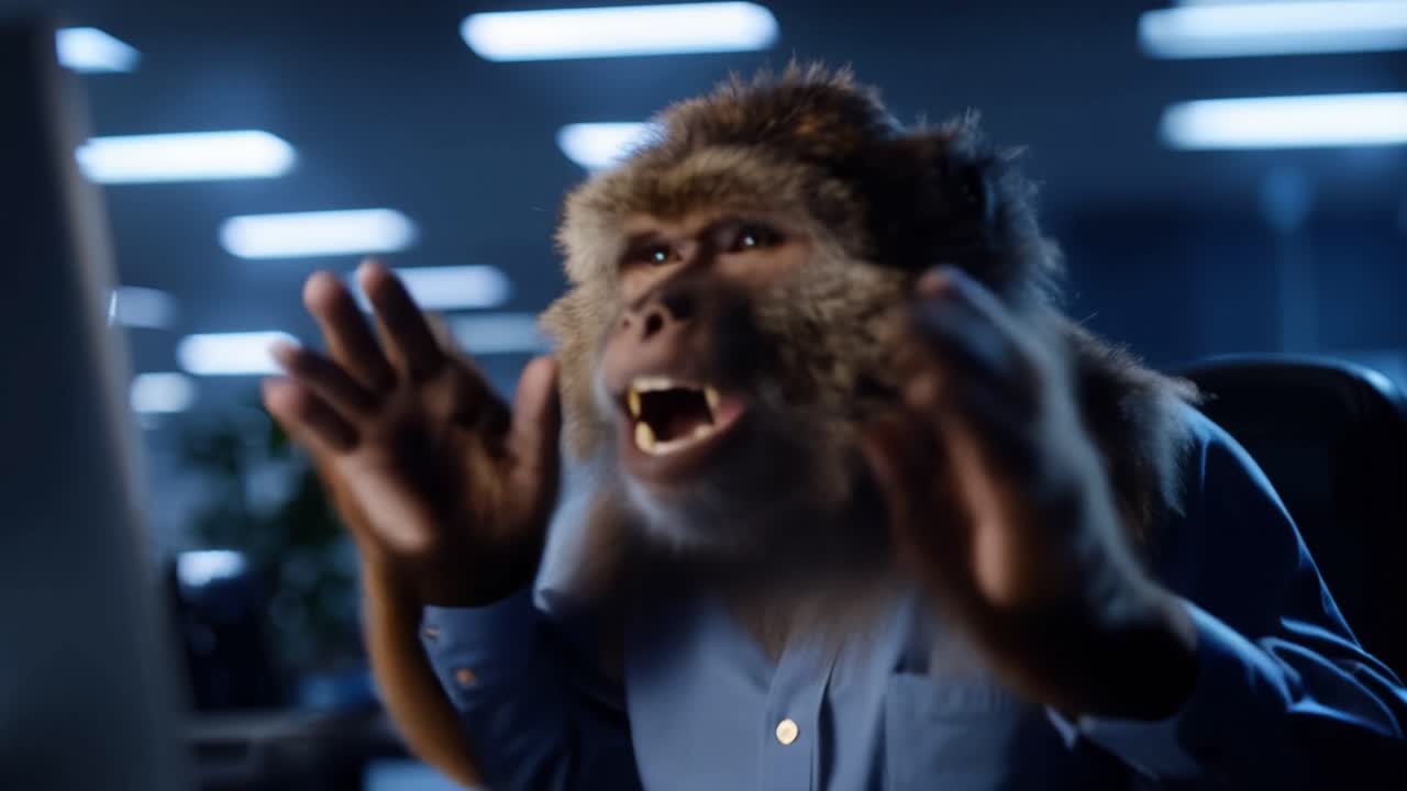 Monkey in a blue shirt types on a keyboard. It looks stressed, blinking rapidly under fluorescent lights. Hands gesture in frustration while sitting at a desk. The monkey appears overwhelmed