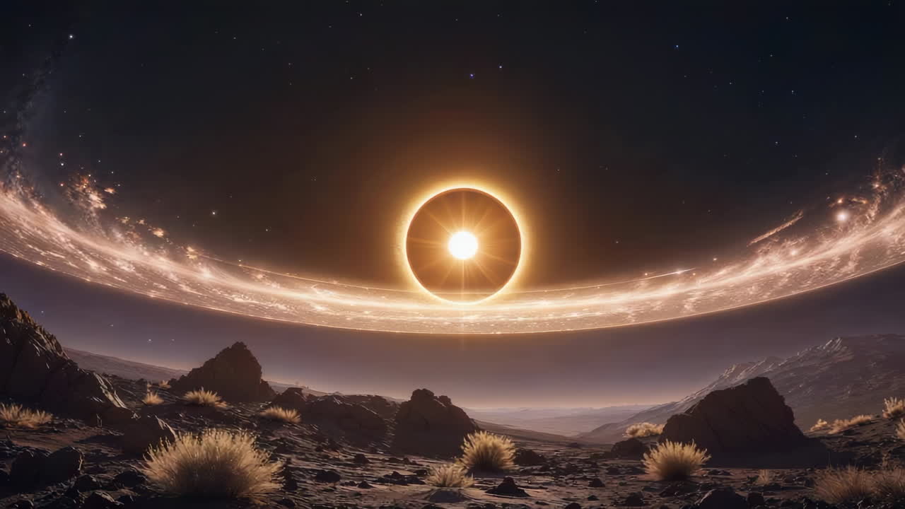 Cosmic Eclipse over an Alien Landscape