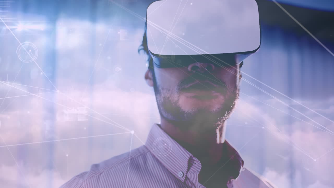 Animation of network of connections over man wearing vr headset