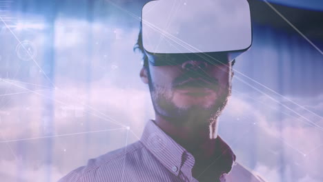 animación de la red de conexiones sobre el hombre que usa auriculares vr