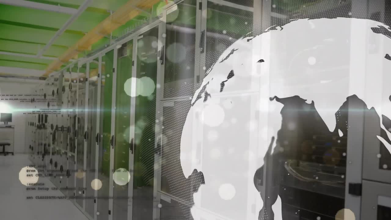 회전하는 지구와 서버 방에 대한 컴퓨터 언어에 대한 렌즈 플레어의 애니메이션