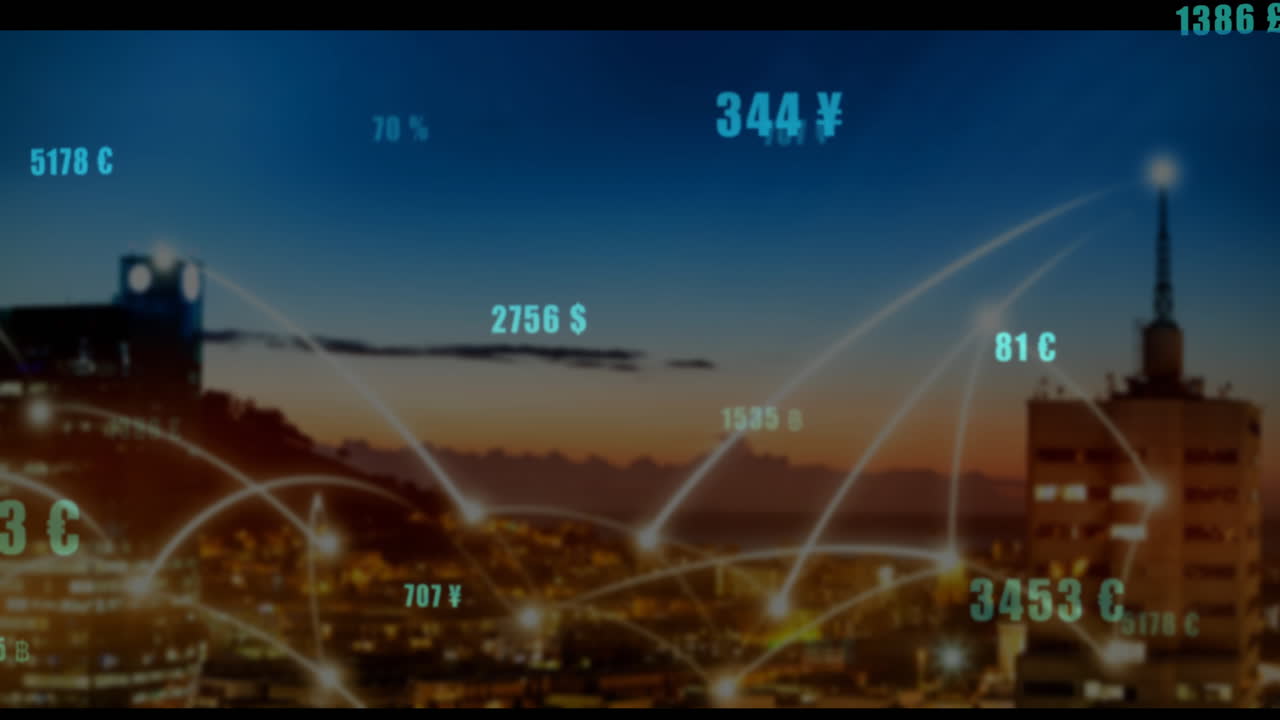 Digital finance network being displayed at dusk, linking skyline with glowing currency labels