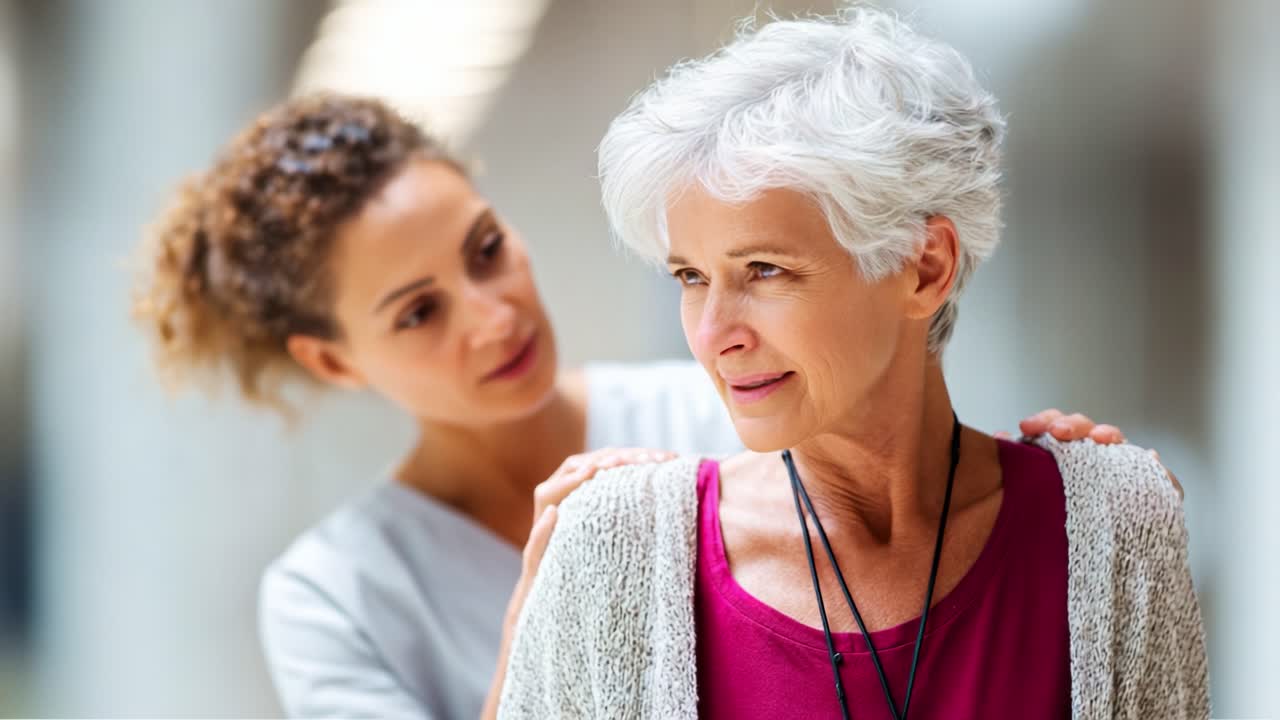 A Heartwarming Moment of Care and Compassion: A Young Professional Providing Support and Comfort to an Elderly Woman in a Bright, Inviting Environment