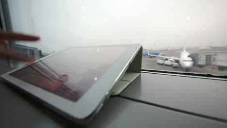usando una tableta en el alféizar de la ventana en el aeropuerto