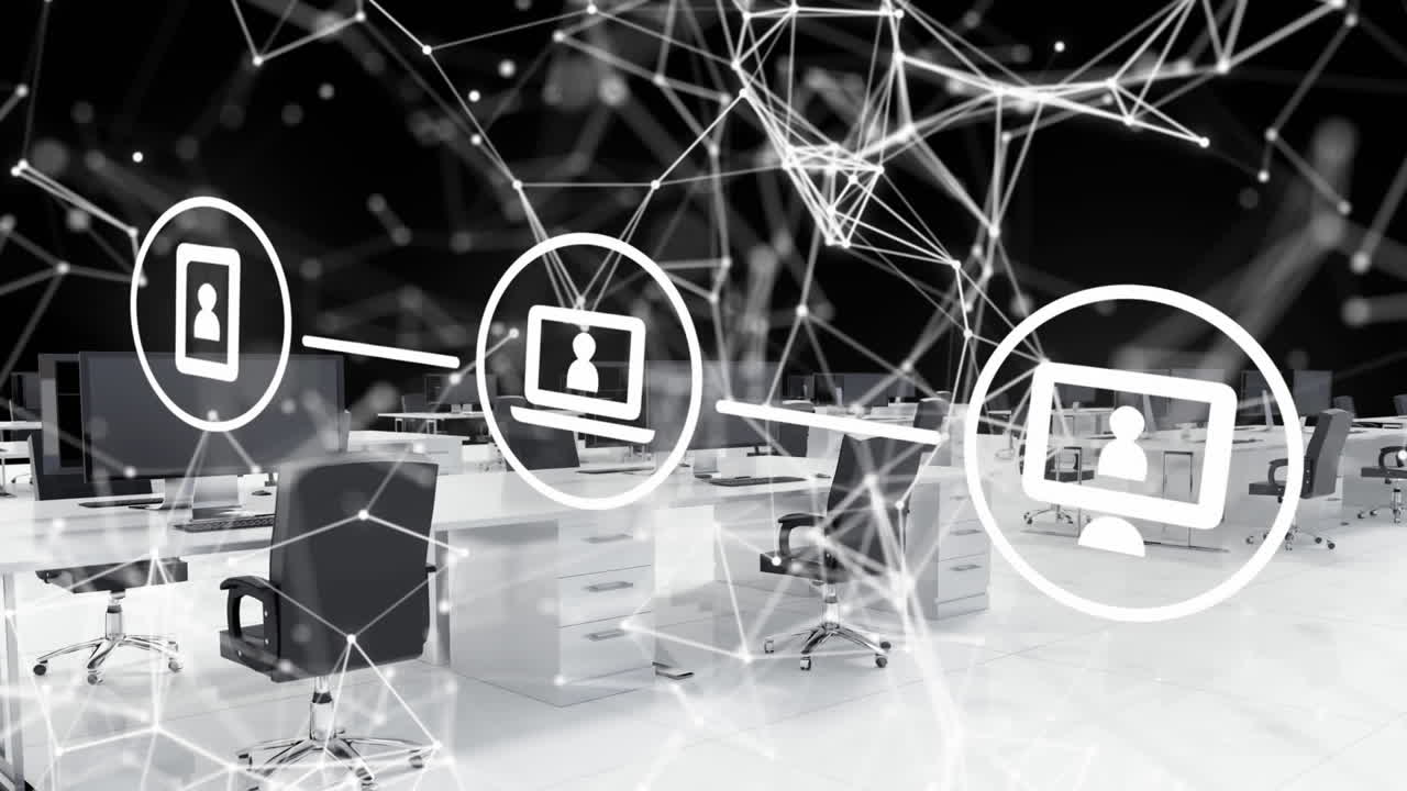 анимация сети соединений с иконками через бизнес-офис