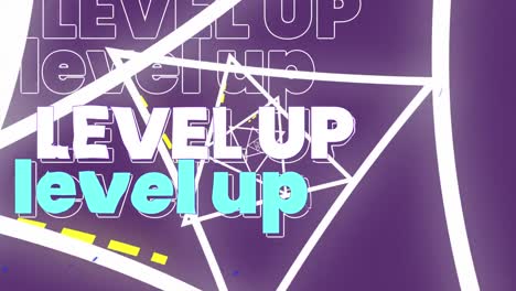 Animation-of-level-up-text-over-triangles-on-purple-background