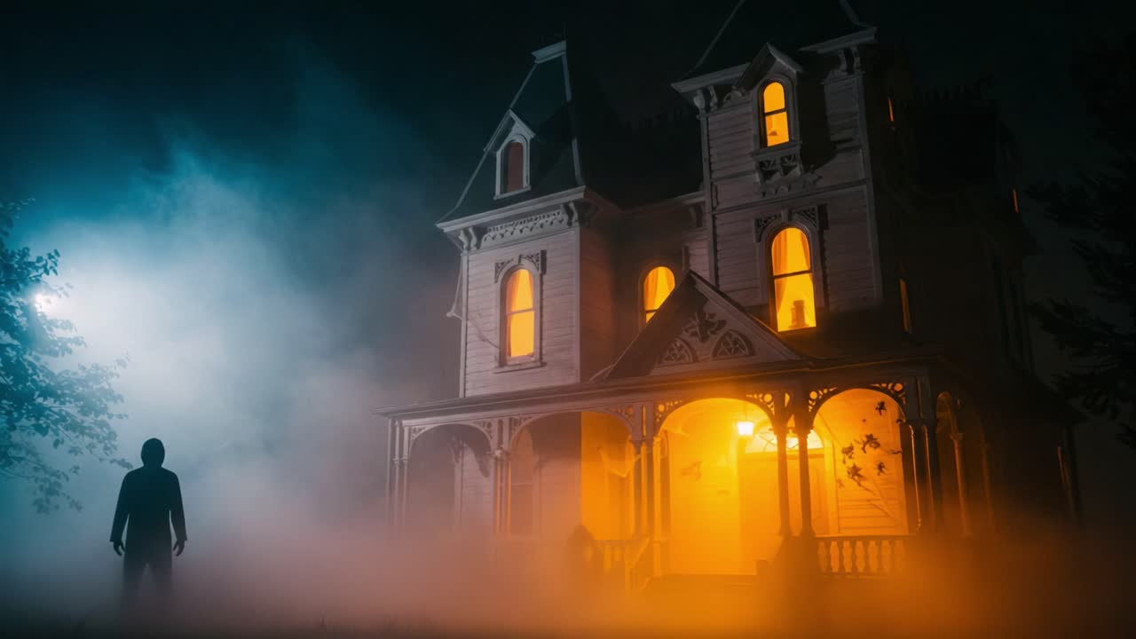 Eerie Mystique: A Shadowy Figure Approaches a Haunted Victorian Mansion Illuminated by Ominous Yellow Light Amidst the Foggy Night