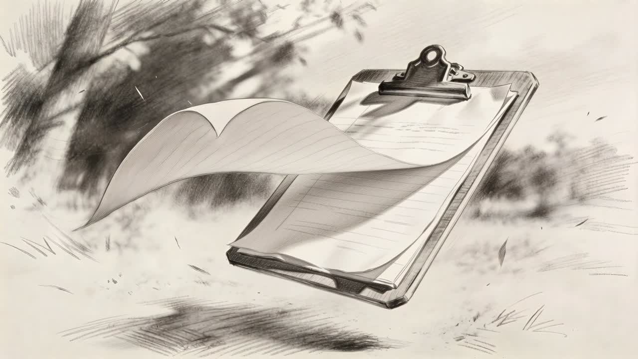 Gusting wind lifting clipboard's loose lined sheets in grassy outdoor area, showing metal clip