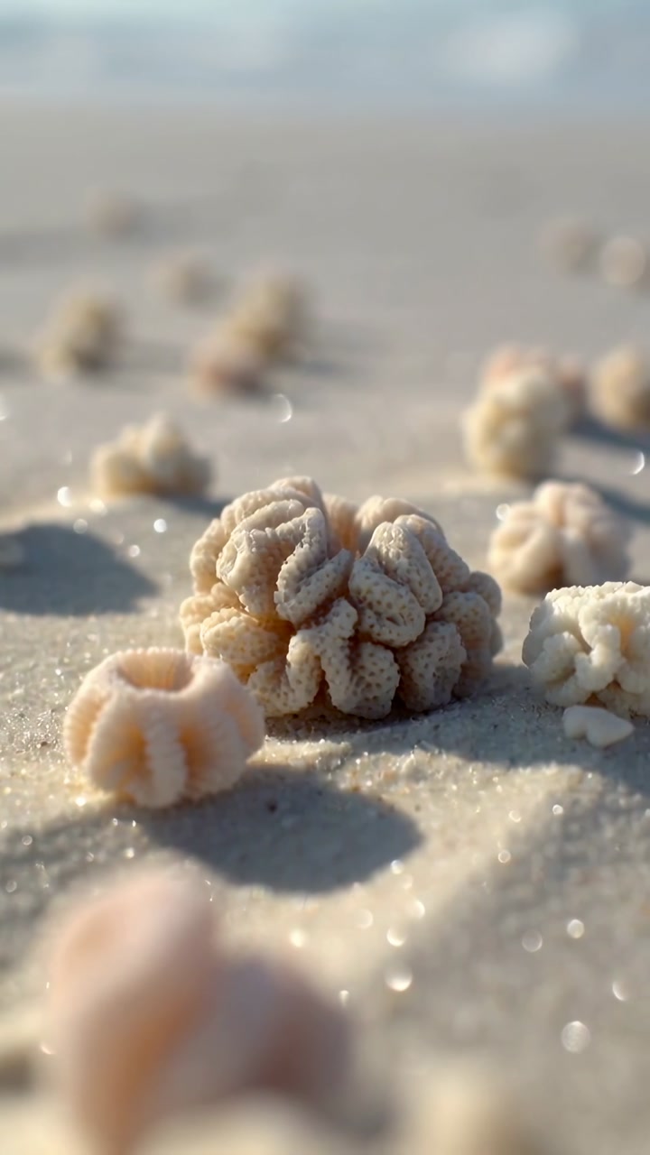 Close-Up of Small Coral Pieces on a Sandy Beach with Sparkling Sunlight