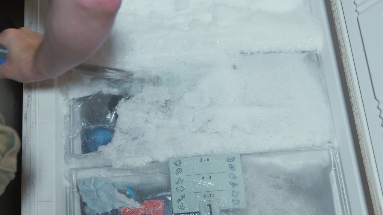 Chipping ice off the freezer shelf with a chisel