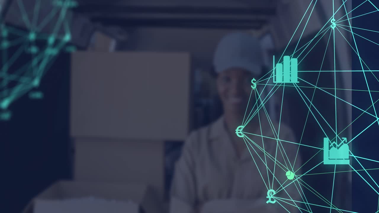 animación de la red de conexiones con iconos en fondo negro