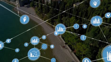 Animation-of-network-of-connections-with-icons-over-sea-view