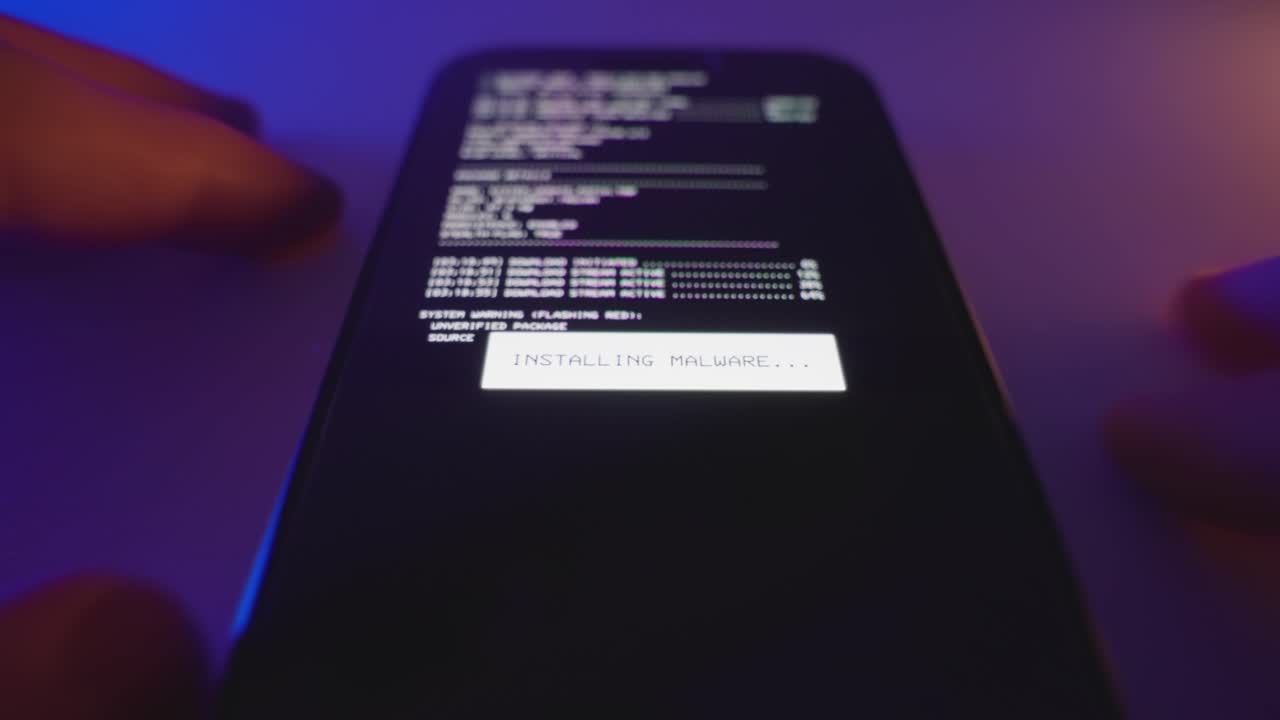 Smarttelefonskjerm viser kode eller program som installerer skadevare eller spionvare på en enhet i et mørkt rom. En person eller hacker laster ned eller laster opp programvare for å samle informasjon og spore cyberaktivitet