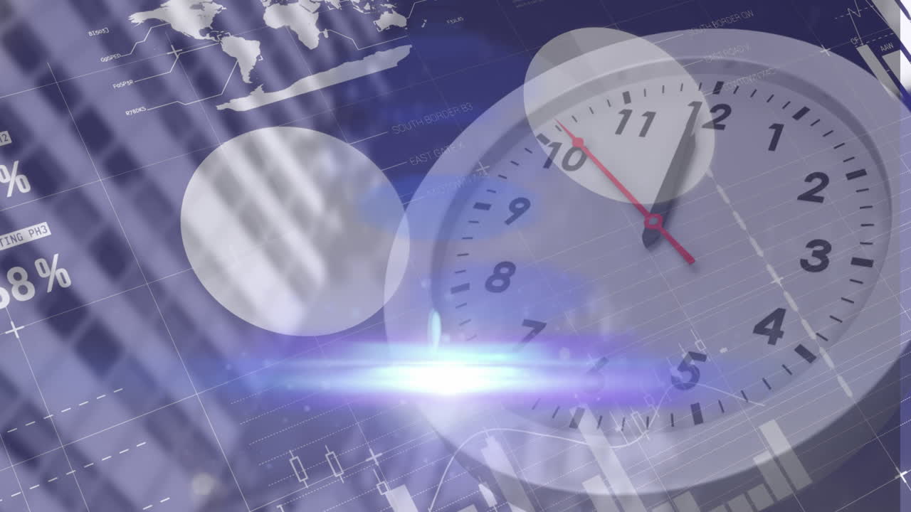 백그라운드의 높은 건물과 대비하여 타이킹 시계에 대한 통계 데이터 처리