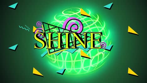 Animation-of-shine-text-and-shapes-with-globe-over-black-background